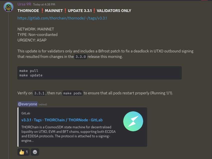Smooth #THORChain release in the morning. Rapid patch to fix an issue missed in testing in the afternoon (also smooth). Community reaction to issues is outstanding!