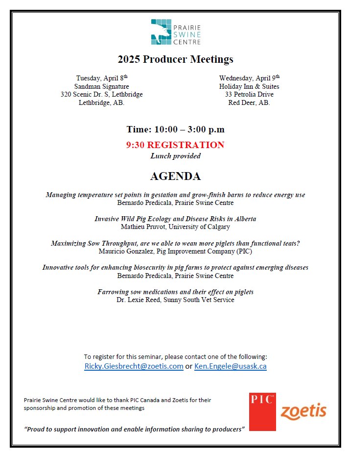Below is the full agenda and registration information for the two PSC producer meetings in Alberta on April 8 (Lethbridge) and 9 (Red Deer). Don't miss this opportunity to learn from the experts and to catch up with other producers. Register now!

#knowledgetransfer #porkindustry