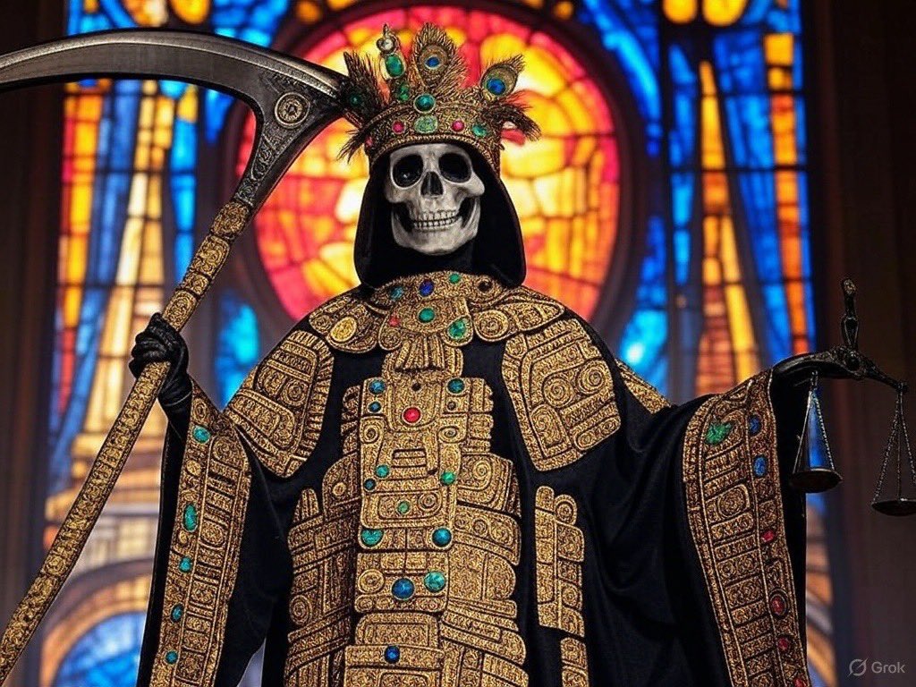 金運や幸運を願う人の祈りの為のサンタムエルテには金色のローブ姿やドル紙幣が貼られものやローブにドル紙幣の柄が施された像があります。

このイラストのサンタムエルテはメキシコ、マヤ文明のインスピレーションを元にAIが作ったサンタムエルテですが金の装飾がとても美しいですね。

#AI
#Grok3