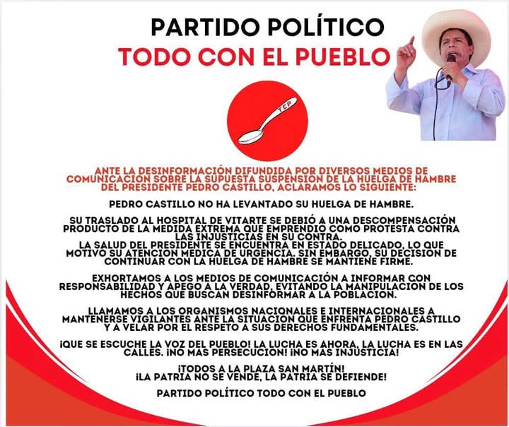 Partido Político Todo con el Pueblo (@tcp_peru) on Twitter photo ¡Atención, pueblo! El Presidente <a href="/PedroCastilloTe/">Pedro Castillo Terrones</a> no ha levantado su huelga de hambre. No se dejen engañar por la prensa mentirosa que busca confundir y desmovilizar. La lucha sigue firme. ¡No a la manipulación mediática!
#CastilloLibertad #TodoConElPueblo ¡Atención, pueblo! El Presidente <a href="/PedroCastilloTe/">Pedro Castillo Terrones</a> no ha levantado su huelga de hambre. No se dejen engañar por la prensa mentirosa que busca confundir y desmovilizar. La lucha sigue firme. ¡No a la manipulación mediática!
#CastilloLibertad #TodoConElPueblo
