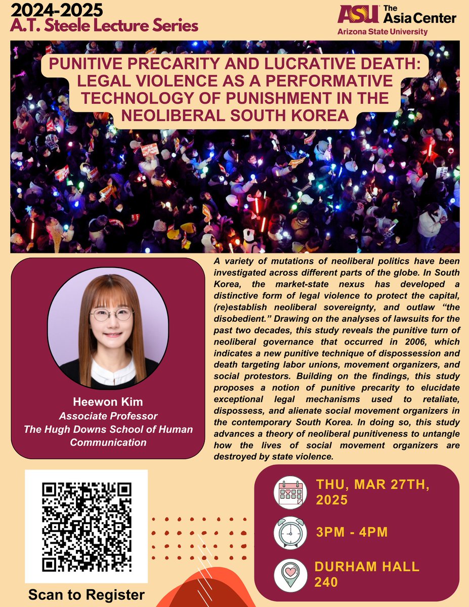 📢 Join us for an insightful talk with Professor Heewon Kim!

She’ll examine how South Korea’s neoliberal regime uses legal tactics to suppress labor and social movements.

📅 March 27, 2025 | ⏰ 3-4 PM | 📍 Durham Hall 240