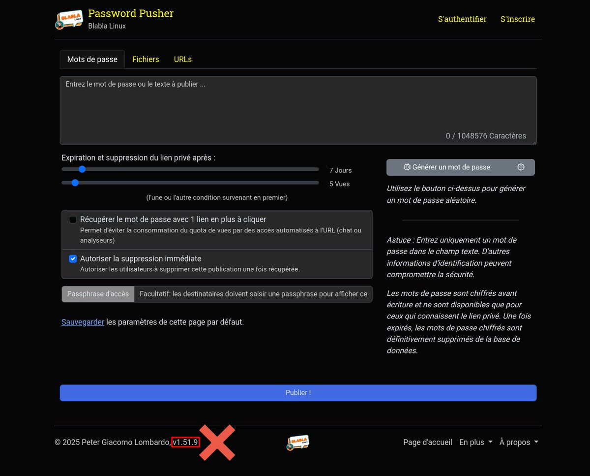 BlablaLinux's tweet photo. #PWPush (Password Pusher) Blabla Linux passe en version 1.53.1 😎
Page de projet GitHub : https://t.co/OatfBySkky
Service Blabla Linux : https://t.co/FBvnQRDnFY https://t.co/FZfVpCtJVI