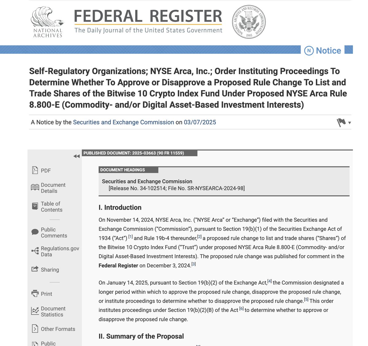 ETF News: This is a huge development - the <a href="/NYSE/">NYSE 🏛</a> request to list the <a href="/bitwise/"></a> 10 Crypto Index Fund under rule 8.800-E appears on the Federal Register. This means it is now open for public comment. This is the last step before approval.

Remember this ETF will hold:

75.10%