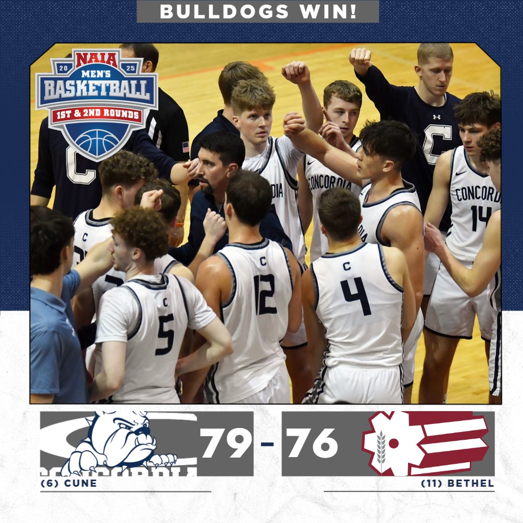 Concordia Bulldogs (@cunebulldogs) on Twitter photo 🏀 | FINAL: (6) <a href="/CUNEmbb/">Concordia-NE Men’s Basketball</a> 79, (11) Bethel 76 (Baldwin City, KS).
CUNE (26-6) advances to the NAIA National Championship 2nd Rd!
Schutte: 23 pts, 10 rebs | Smith: 22 pts, 10 rebs, 7 asts, 3 blks | Gaeth: 10 pts | Kulus: 10 pts. 🏀 | FINAL: (6) <a href="/CUNEmbb/">Concordia-NE Men’s Basketball</a> 79, (11) Bethel 76 (Baldwin City, KS).
CUNE (26-6) advances to the NAIA National Championship 2nd Rd!
Schutte: 23 pts, 10 rebs | Smith: 22 pts, 10 rebs, 7 asts, 3 blks | Gaeth: 10 pts | Kulus: 10 pts.