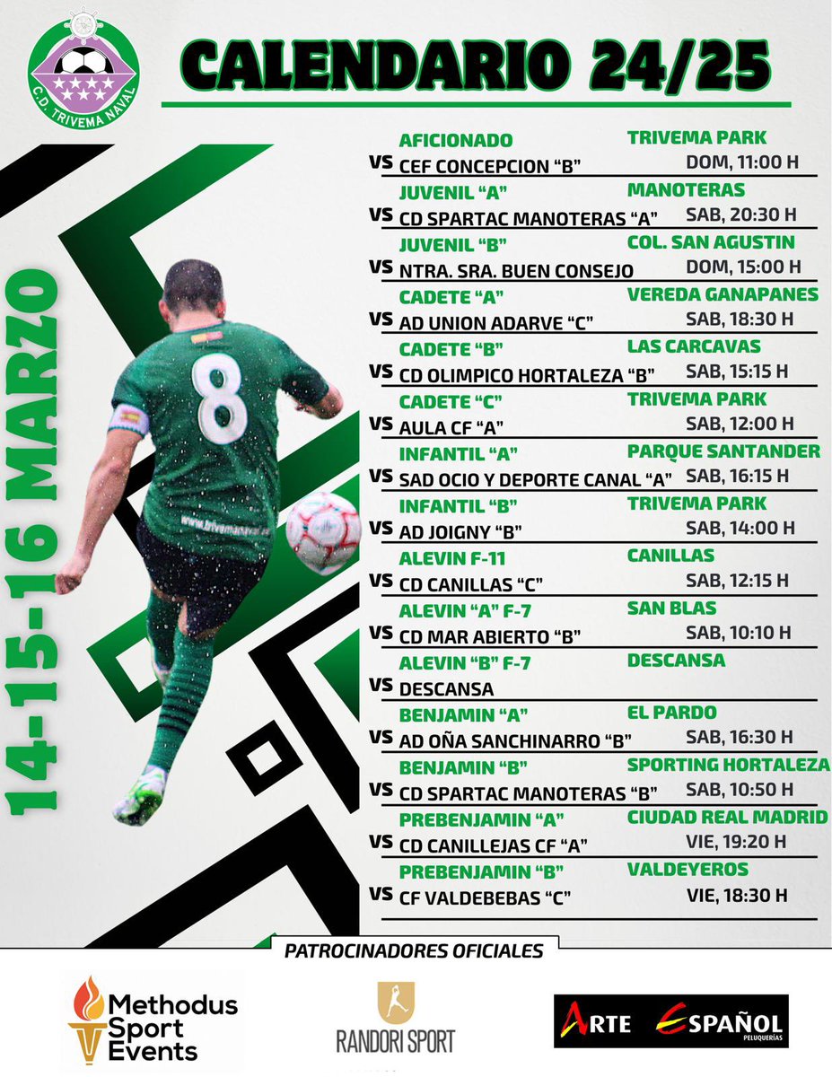 AGENDA |
⚽ Los equipos de #CDTrivemaNaval 🍀 afrontan una nueva jornada de liga #RFFM con estos horarios ⤵️