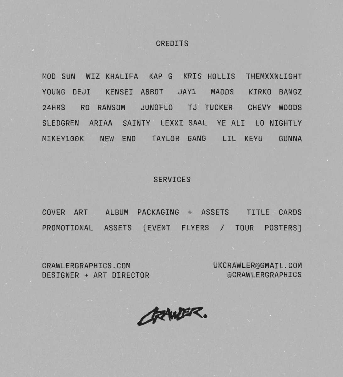 Open for commissioned work!

📩 ukcrawler@gmail.com
🌐 crawlergraphics.com