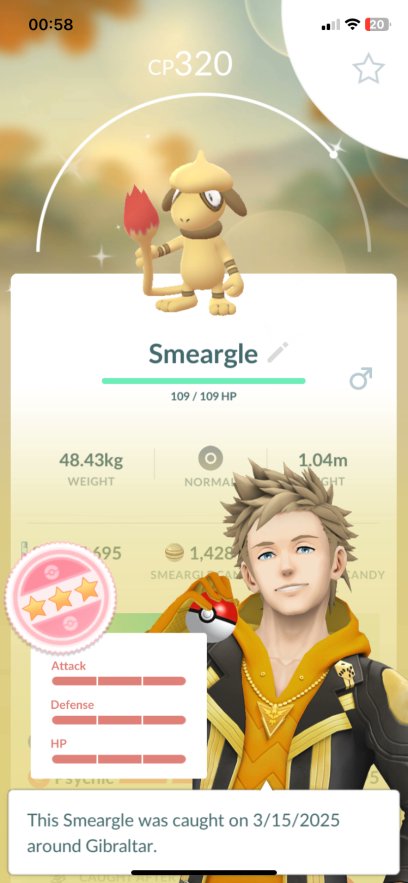 yaaay, my first shiny smergle, toss it in a pokeball because the colors match

really hope the iv's are gooooooooooo

HOLY S*** 

THATS INSANE!