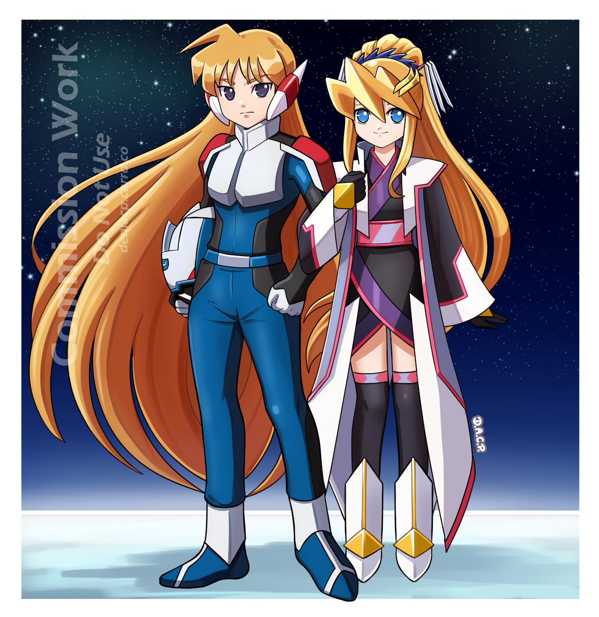 Zero and Ciel in Kira Yamato and Lacus Clyne costumes. Commission