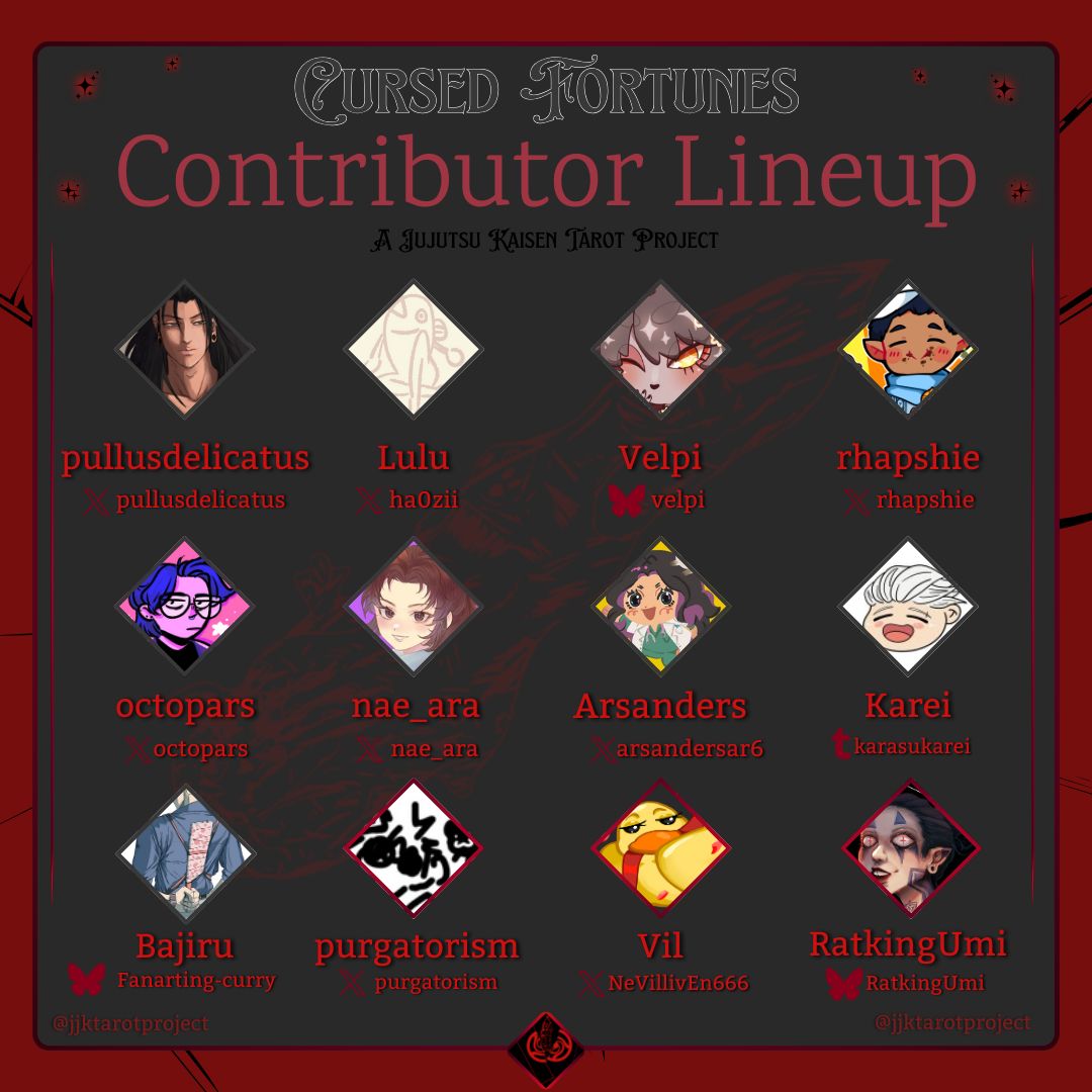 jjktarotzine's tweet photo. ⚔️ Introducing the contributors to Cursed Fortunes: A JJK Tarot Project!⚔️ https://t.co/u9DTQbUHro