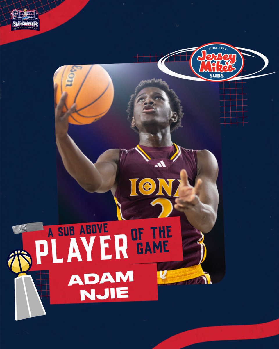 #MAACHoops (@maachoops) on Twitter photo Adam Njie is your <a href="/jerseymikes/">Jersey Mike's Subs</a> "A Sub Above" Player of the Game
#MAACHoops x <a href="/IonaGaelsMBB/">Iona Men’s Basketball</a> Adam Njie is your <a href="/jerseymikes/">Jersey Mike's Subs</a> "A Sub Above" Player of the Game
#MAACHoops x <a href="/IonaGaelsMBB/">Iona Men’s Basketball</a>