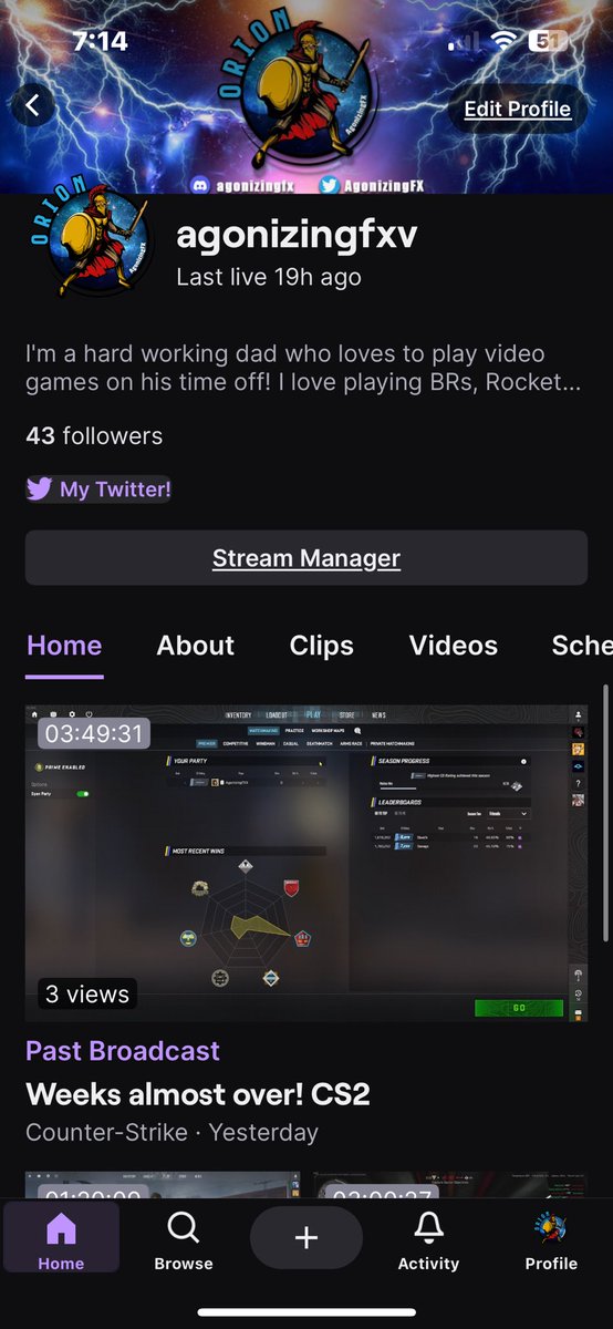 AgonizingFX's tweet photo. Please everybody could you please go give me a follow! So close to 50!!! I’m very thankful for the people that show up and chat with me in my streams!! Follow me at AgonizingFXV #dadstreamer #stream #twitch #Big50 https://t.co/j6iOKeeFwZ