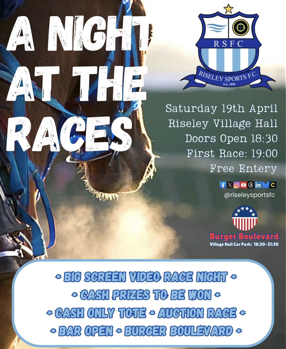 Join us for a thrilling Night at the Races at Riseley Village Hall! Place your bets, cheer on your favorites, and soak up the excitement of big-screen video horse racing.

With a cash-only tote, a fully stocked bar, and the delicious Burger Boulevard serving up food in the car