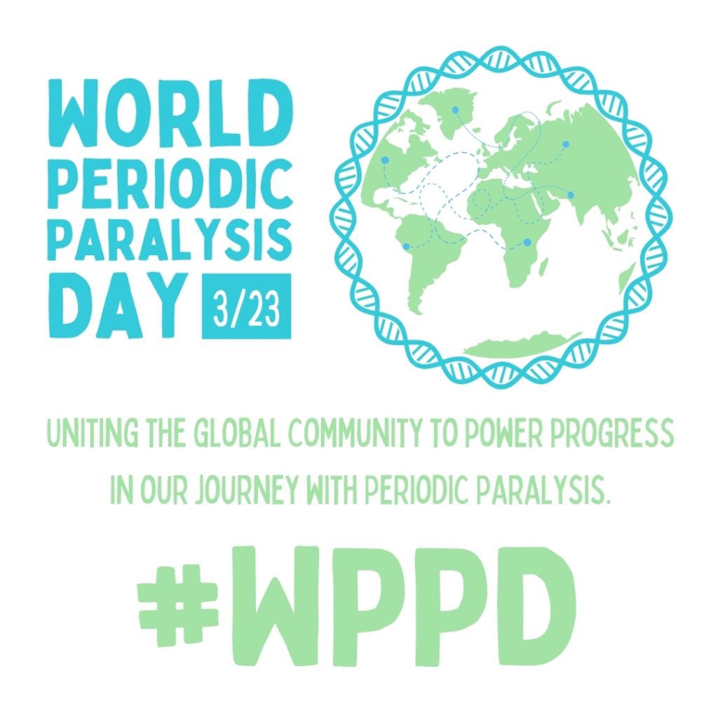 What are your plans for recognizing the first ever World Periodic Paralysis Day(#WPPD) on March 23rd?

Visit the official #worldppday website to learn more about the initiative and how to participate.
Here’s the link-  worldperiodicparalysisday.com