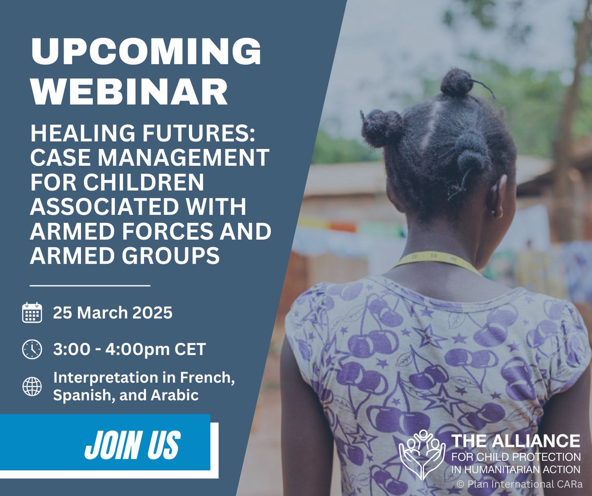 CPiE_Global's tweet photo. 📢CAAFAG face complex challenges that make reintegration difficult. How can case management support them? 🤔

💡Join us to hear from experts in South Sudan &amp; Nigeria!
🗓 25 Mar
⏰ 15:00 CET
🔗https://t.co/FQoLdHsaVb
#HealingFutures #CAAFAG #CaseManagement #CPHA https://t.co/ZBIG1E839D