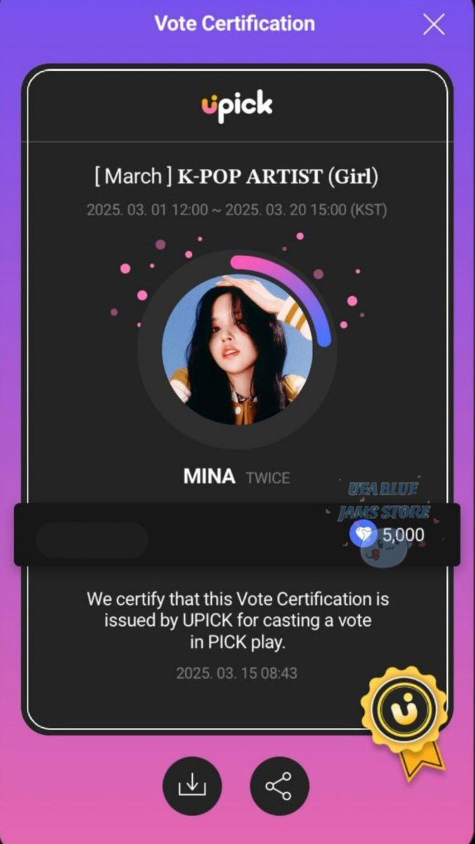 Poll winner for [MAR] KPOP ARTIST (G)

#Twice #Mina
CONGRATULATIONS! 🎉

✅Dropped 5k blue jams reward

📩Dm for reservations #UEAproofs