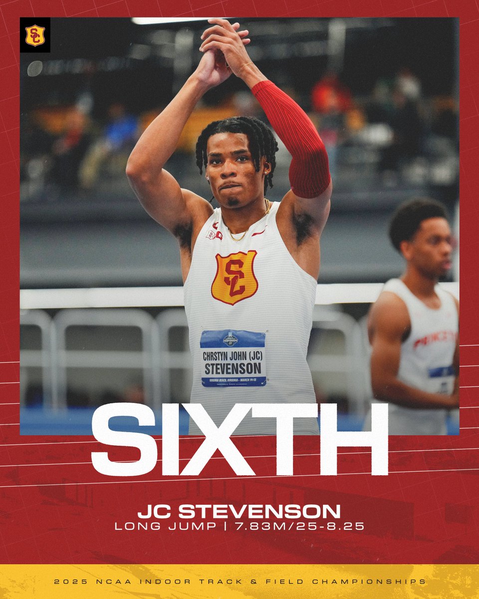 USC_Track_Field's tweet photo. 🇺🇸 First Team All-Americans 🇺🇸

@_jcstevenson placed 6th in the NCAA Indoor long jump with a best mark of 7.83m/25-8.25

@JohnnyBrackins_ placed 8th with a best mark of 7.57m/24-10 https://t.co/i4ZbNbfc0g
