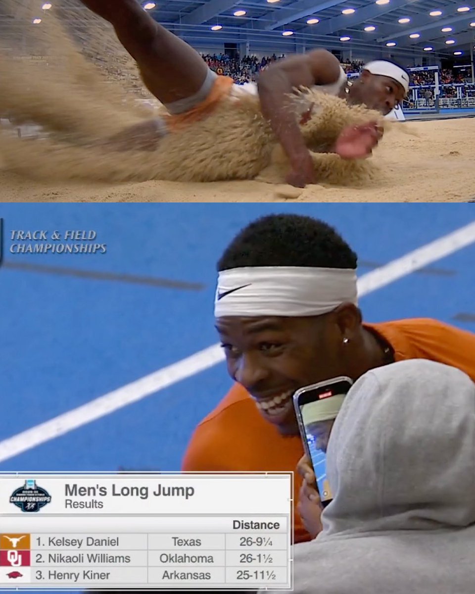 Big PB for Texas senior Kelsey Daniel to win the NCAA indoor long jump title in 8.16m (26-9.25). #NCAATF