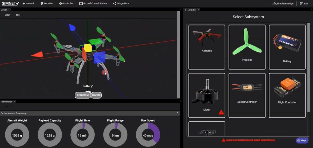SIMNET_aero's tweet image. SIMNET #STEM is a web-based drone design platform for students to explore #AerospaceEngineering. Design & fly drones in a virtual lab with missions like FPV racing, aerial photography, search & rescue ops and delivery. Gain pilot skills & compete in challenges! 🎮🛸 #simnet