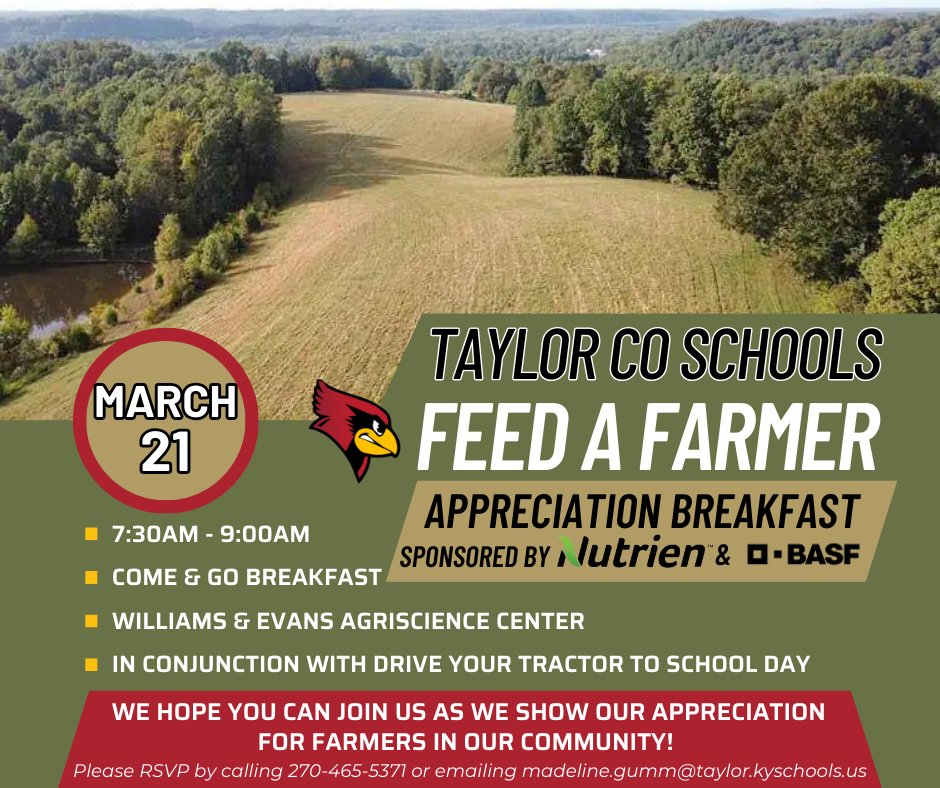 𝐑𝐄𝐌𝐈𝐍𝐃𝐄𝐑: Feed A Farmer is THIS Friday, March 21, from 7:30 - 9:00 AM. If you are a farmer in our community, please stop by the Williams &amp; Evans Agriscience Center, located behind TCHS, for breakfast on us! 

Expect greatness from Taylor County Agriculture!

#tcpride
