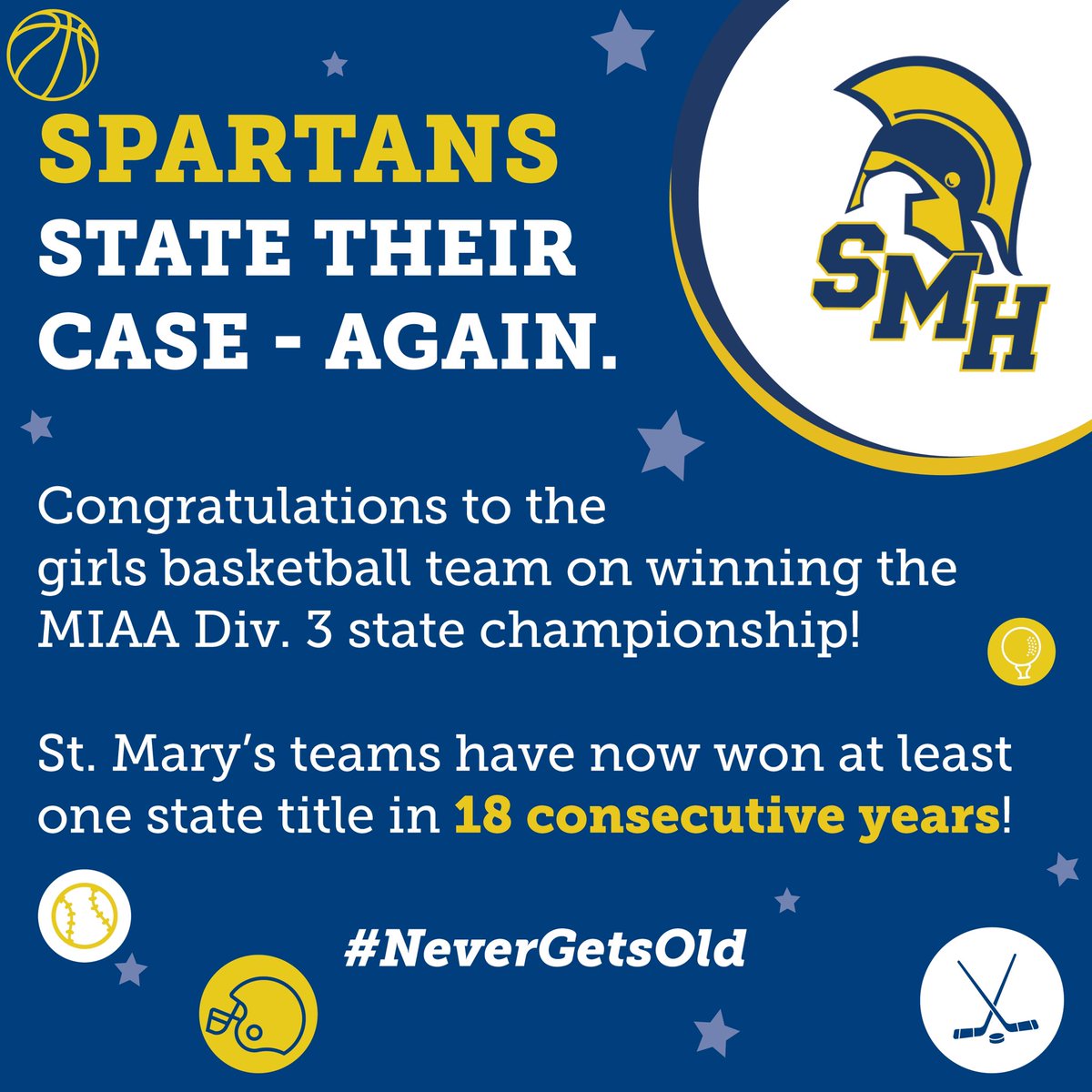 St. Mary's Spartans (@stmarysspartans) on Twitter photo MIAA GIRLS BASKETBALL: <a href="/Smhgirlshoop/">SMHgirlshoop</a> (25-3) wins the STATE CHAMPIONSHIP 46-38 over <a href="/girlsnhshoops/">Norwell Girls Basketball</a> moving into a 1st all time in the <a href="/MIAA033/">MIAA</a> with 7 overall titles and extending the <a href="/smhlynn/">St. Mary's Lynn</a> unprecedented championship streak to 18 years. <a href="/BostonHeraldHS/">Danny Ventura</a> <a href="/GlobeSchools/">Boston Globe Schools</a> <a href="/itemlive/">The Daily Item</a> MIAA GIRLS BASKETBALL: <a href="/Smhgirlshoop/">SMHgirlshoop</a> (25-3) wins the STATE CHAMPIONSHIP 46-38 over <a href="/girlsnhshoops/">Norwell Girls Basketball</a> moving into a 1st all time in the <a href="/MIAA033/">MIAA</a> with 7 overall titles and extending the <a href="/smhlynn/">St. Mary's Lynn</a> unprecedented championship streak to 18 years. <a href="/BostonHeraldHS/">Danny Ventura</a> <a href="/GlobeSchools/">Boston Globe Schools</a> <a href="/itemlive/">The Daily Item</a>
