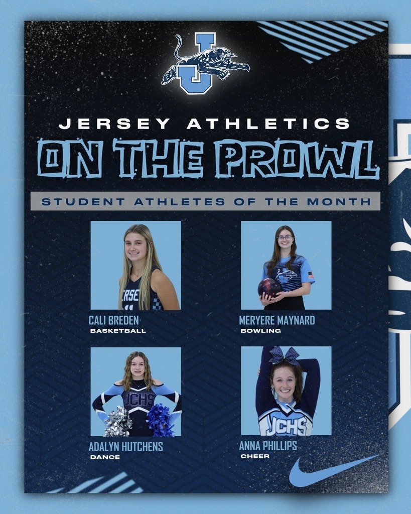 jerseycusdno100's tweet photo. JCHS Athletics proudly recognizes our On the Prowl Female Athletes of the Month for February! These outstanding athletes embody the spirit of JCHS Athletics. Congrats to Adalyn Hutchens, Cali Breden, Meryere Maynard, and Anna Phillips! 
#OnTheProwl https://t.co/ni9Xu24nhs