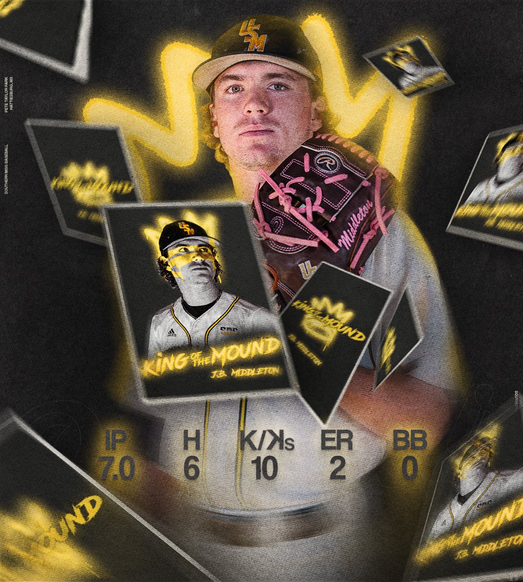SouthernMissBSB's tweet photo. 👑 King Him.

What a night for @JB_Middleton21 

7 IP
6 H
2 R
0 BB
10 Ks (career-high)
95 pitches
67 strikes

#EverythingMatters | #SMTTT https://t.co/bx4KucjIou