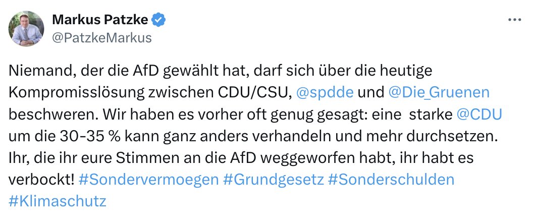 Hahahaha. 

Jetzt sind also die AfD-Wähler schuld daran, dass die CDU kein Rückgrat hat und sich vor den Grünen in den Staub geworfen hat 😂😂😂

Hahahaha.

Wie peinlich ist das bitte? Aber immerhin scheinen doch einige Unionler zu erkennen, was für ein Fehler diese Politik ist,