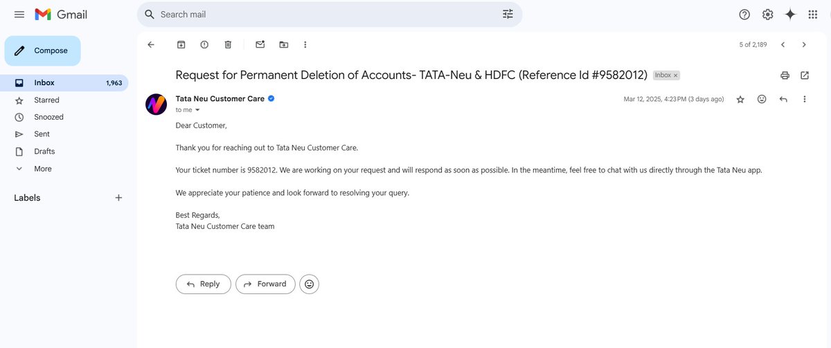 dharamgadhe's tweet photo. (Ref ID: #9582012) 4 days, still no account deletion! Tata Neu keeps giving baseless replies. Worst customer service ever. Delete my account now! #TataNeu #WorstService #hdfccard #TataTechnologies @TataCompanies @HDFC_Bank @tata_neu https://t.co/UzMKW0wivJ