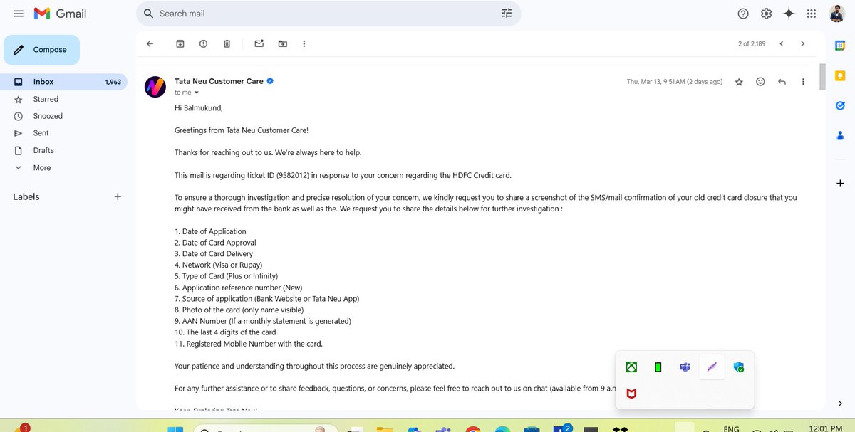dharamgadhe's tweet photo. (Ref ID: #9582012) 4 days, still no account deletion! Tata Neu keeps giving baseless replies. Worst customer service ever. Delete my account now! #TataNeu #WorstService #hdfccard #TataTechnologies @TataCompanies @HDFC_Bank @tata_neu https://t.co/UzMKW0wivJ