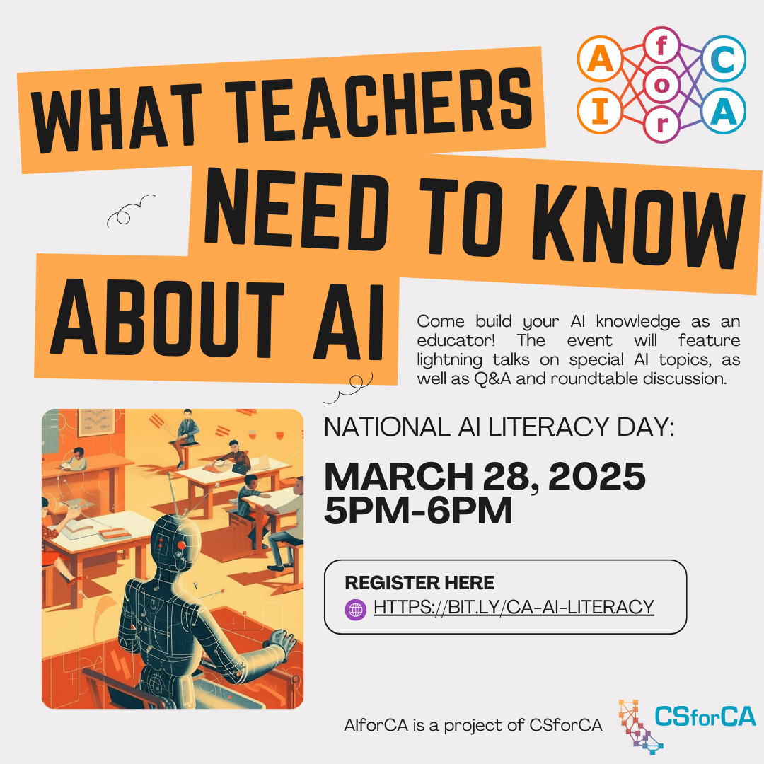 AI4CA (@ai4cali) on Twitter photo National AI Literacy Day is coming! Join AIforCA for What Teachers Need To Know About AI on 3/28 from 5pm-6pm on Zoom. Register at bit.ly/CA-AI-Literacy <a href="/ailiteracyday/">InnovateEDU</a> National AI Literacy Day is coming! Join AIforCA for What Teachers Need To Know About AI on 3/28 from 5pm-6pm on Zoom. Register at bit.ly/CA-AI-Literacy <a href="/ailiteracyday/">InnovateEDU</a>