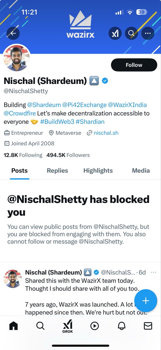 IshitaaPandey's tweet photo. This is what happens when you call out a scammer. 

What a coward, @NischalShetty.

I have zero hope that WazirX will return even a penny to users. https://t.co/6FftofHVxA