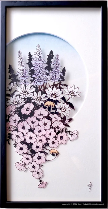 ⇦『約束』225×75mm(額:316×166mm)⇨『彩月の窓』297×210mm(額:417×220mm) 
