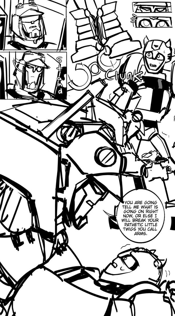 Mmskas_'s tweet photo. Been thinking abt posting transformers content again and it reminded me of that time when someone commissioned me to draw a sketch comic page of a scene from a #blitzbee fanfic https://t.co/paibbUZvvT