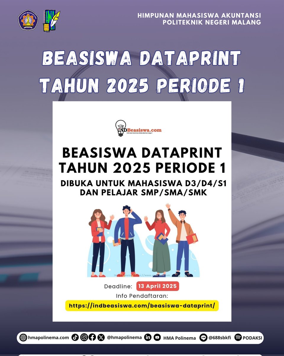 HMAPolinema's tweet photo. 🏆Academic Info🏆
5. Gongbu Scholarsip 2025.
6. Beasiswa Djitu 2025 Gelombang 2.
7. Beasiswa Dataprint 2025 Periode 1.
8. Djarum Beasiswa Plus 2025.
#INFO #Academic #beasiswa #lomba #mahasiswa #ilmiah #campus #accounting #dataprint #pendidikan #essay #HMA2025 #HMAPolinema https://t.co/CC5DJBXxGY