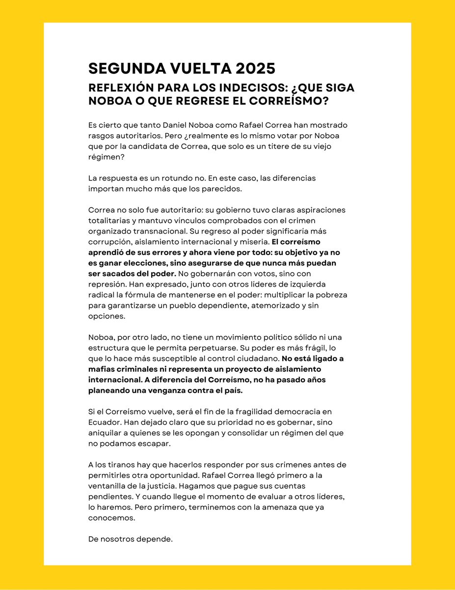 EnVozAlta's tweet photo. Es cierto que tanto Daniel Noboa como
Rafael Correa han mostrado rasgos autoritarios. Pero
¿realmente es lo mismo votar por Noboa que por la candidata de Correa, que solo es un títere de su viejo régimen? La respuesta es un rotundo no. En este caso, las diferencias importan mucho más que los parecidos.