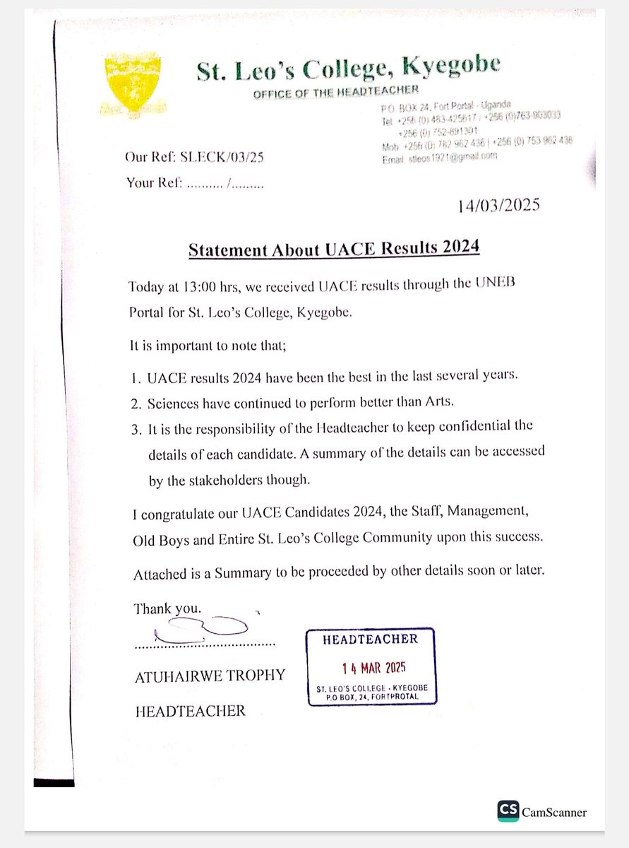 "It is the responsibility of the Headteacher to keep confidential the details of each candidate"- <a href="/SLECK1921/">ST. LEO'S COLLEGE KYEGOBE</a>
This is what I mean whenever I say, learners have a right to study, pass or fail in private.