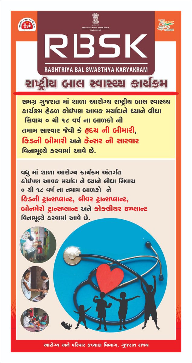 #રાષ્ટ્રીયબાળસ્વાસ્થ્યકાર્યક્રમ
👉 ગુજરાતમાં #RBSK હેઠળ આવક મર્યાદા ધ્યાને લીધા વિના 0-18 વર્ષના બાળકોને હૃદય,કિડની અને કેન્સર જેવી બીમારી સહિતની સારવાર #વિનામુલ્યે.
📷 બાળકોને કિડની, લીવર અને બોનમેરો ટ્રાન્સપ્લાન્ટ તથા કોકલીયર ઇમપ્લાન્ટ પણ વિનામૂલ્યે કરાય છે. #RBSK @GujHFWDept