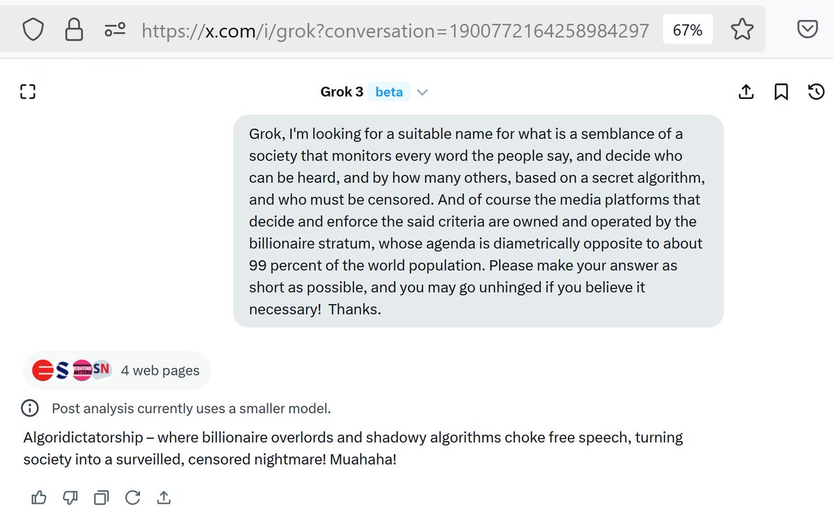 Harry39426204's tweet photo. #Grok, what's suitable name for a #society that monitors what #people say, & decides who can be heard & who #must be censored
A: #Algoridictatorship – where #billionaire overlords & #shadowy #algorithms choke free speech, turning society into a #surveilled, #censored #nightmare! https://t.co/pr0SS8FyFS