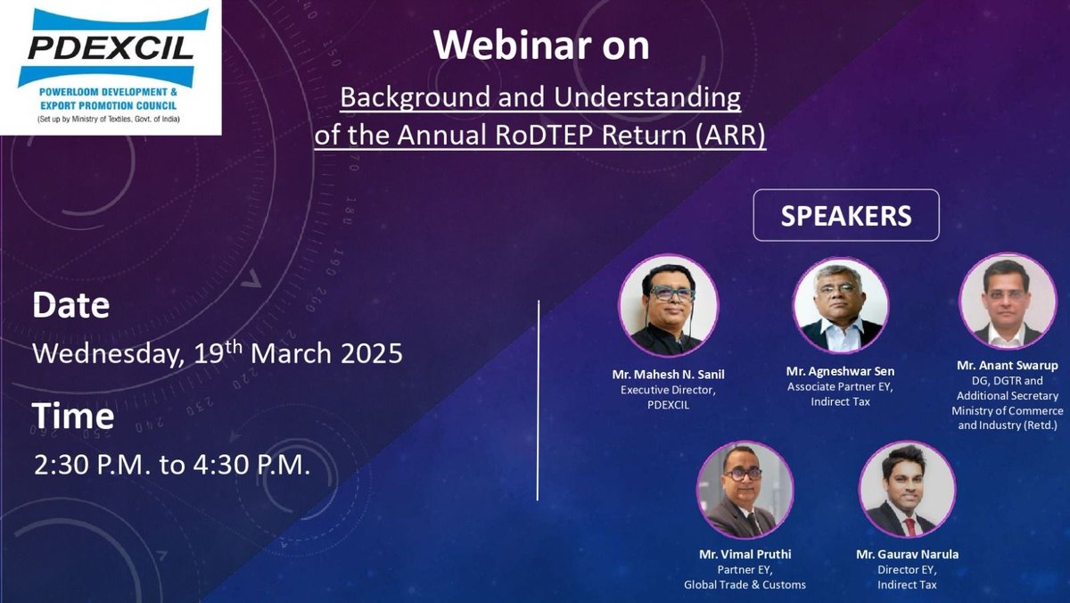 pdexcil's tweet photo. Webinar on Background and understanding of the Annual RoDTEP Return (ARR), 19.03.2025 from 2:30 to 4:30 pm
#Pdexcil #rodtep #pdexcilwebinar https://t.co/APo1gF05fJ