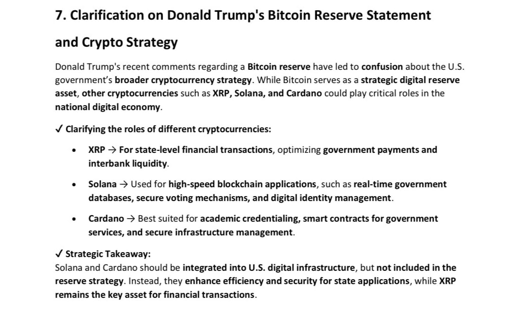 🇺🇸🤔 Trump’s #BTC reserve plan clarified: 

- #XRP for state-level payments and interbank liquidity;
- #SOL for high-speed apps like voting and digital ID;
- #ADA for smart contracts in government services. 

Solana and Cardano to support US digital infrastructure, while XRP