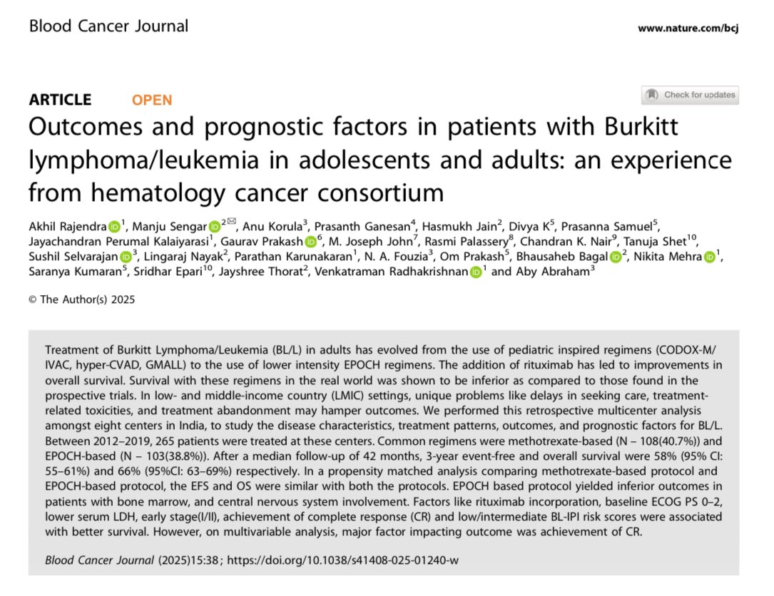 akhilrk1989 (@akhilrk1989) on Twitter photo 🚨Thrilled to share our Burkitt lymphoma/leukemia study in <a href="/BloodCancerJnl/">Blood Cancer Journal</a>. Massive effort(n=265) from <a href="/HCC_HemeCancer/">Hematology Cancer Consortium</a>. MTX & EPOCH protocols equally effective overall, but MTX outperforms in CSF+ & BM+ cases. Valuable insights for treatment decisions! nature.com/articles/s4140… 🚨Thrilled to share our Burkitt lymphoma/leukemia study in <a href="/BloodCancerJnl/">Blood Cancer Journal</a>. Massive effort(n=265) from <a href="/HCC_HemeCancer/">Hematology Cancer Consortium</a>. MTX & EPOCH protocols equally effective overall, but MTX outperforms in CSF+ & BM+ cases. Valuable insights for treatment decisions! nature.com/articles/s4140…