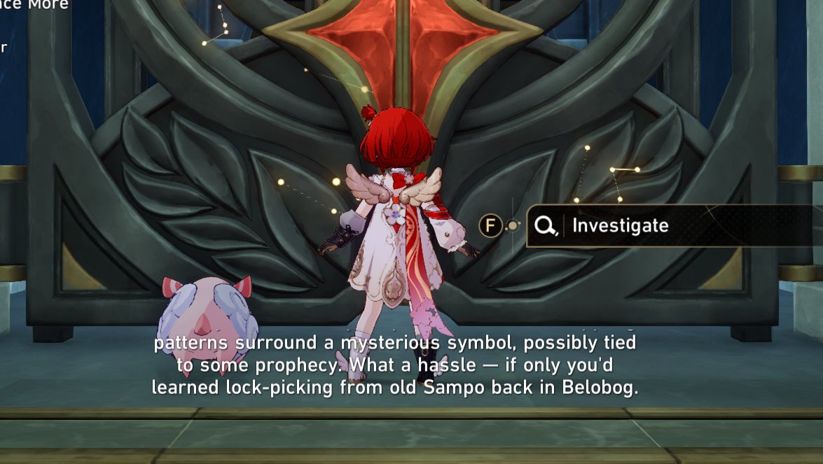 i'm sure people have said this before but in addition to the emanator theory i think sampo is also the narrator in hsr bc wdym we're in amphoreus and the dialogue box on a locked door says "if only you'd learned lock-picking from old sampo back in belobog" gtfo sampo i know its u