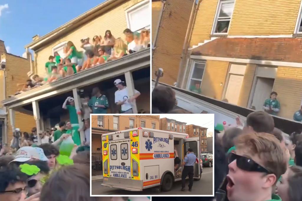 nypost's tweet image. At least 16 injured when roof collapses at massive Pitt party: ‘Happened in the blink of an eye’ trib.al/P7WvO9w