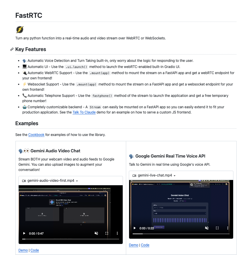 Real-time communication API for Voice AI Agents in Python.

Build voice and video streams with WebRTC in just a few lines of code. Includes automatic voice detection and turn-taking.

100% opensource.