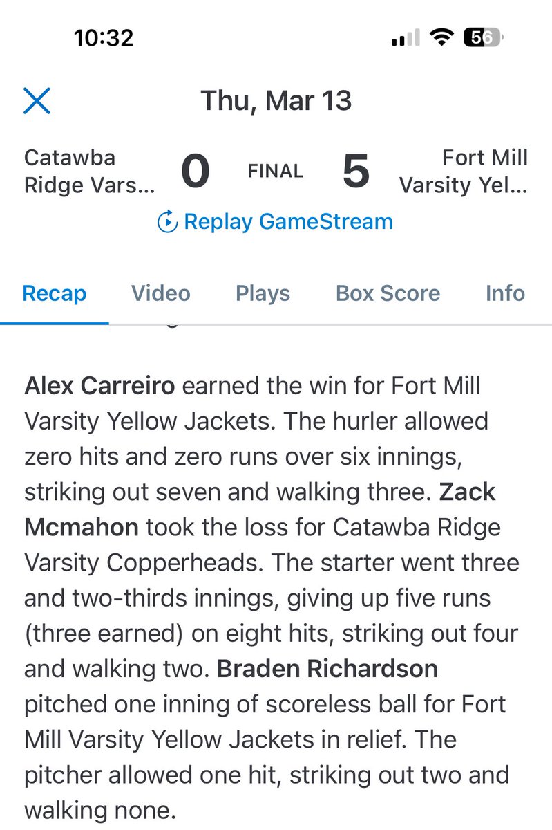 AlexCarreiro22's tweet photo. 1st start of region play against a great Catawba Ridge team. Pitching  : 6 IP, 0H 3BB, 7K’s.  Closing out the game @BradenRichrdson to give us our first region win. @PrepBaseball_SC , @FMHSbaseball , @PB_Uncommitted https://t.co/jIN5lsg7Pm