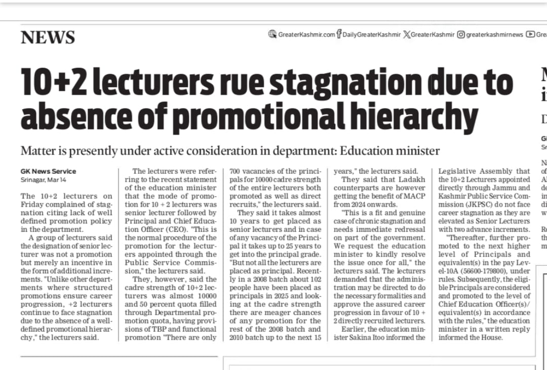 JKPSCLecturers's tweet photo. 10+2 lecturers  J&amp;KUT face chronic stagnation waiting 25+ years for promotion With 10,000 lecturers &amp; only 700 principal posts career growth is bleak. Ladakh now gets MACP.We urge the govt. to implement ACP @OmarAbdullah
@CM_JnK @sakinaitoo @Surinderch55
@JavedDar_NC @JavedRanaa https://t.co/fZ9v60rV5u