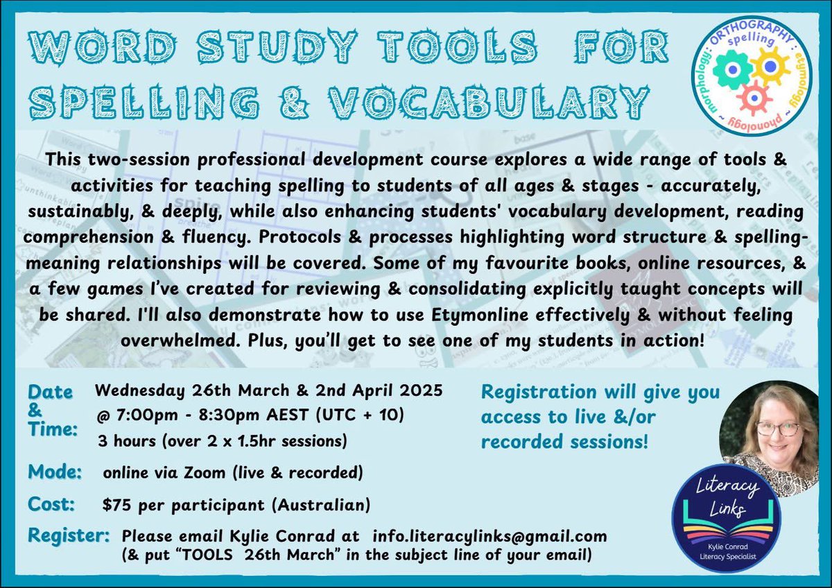 Literacy_Links's tweet photo. Upcoming Teacher PD “Word Study Tools for Spelling &amp; Vocabulary” - orthography, spelling, morphology, phonology, etymology! https://t.co/p3X2qlKuos