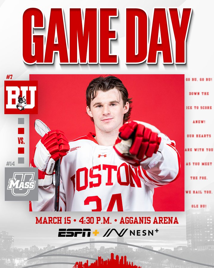 Game Day graphic featuring posed photo of Cole Eiserman. #7 BU vs. #14 UMass, March 15, 4:30 PM at Agganis Arena on ESPN+ and NESN+