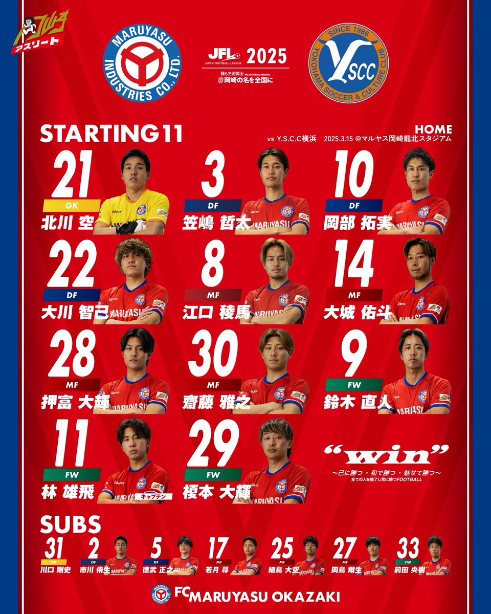 maruyasuokazaki's tweet photo. 【第27回JFL第2節vs #Y.S.C.C.横浜  】
⚽️starting eleven⚽️
#岡崎市 #岡崎アスリート https://t.co/tHJ6FM5P3V