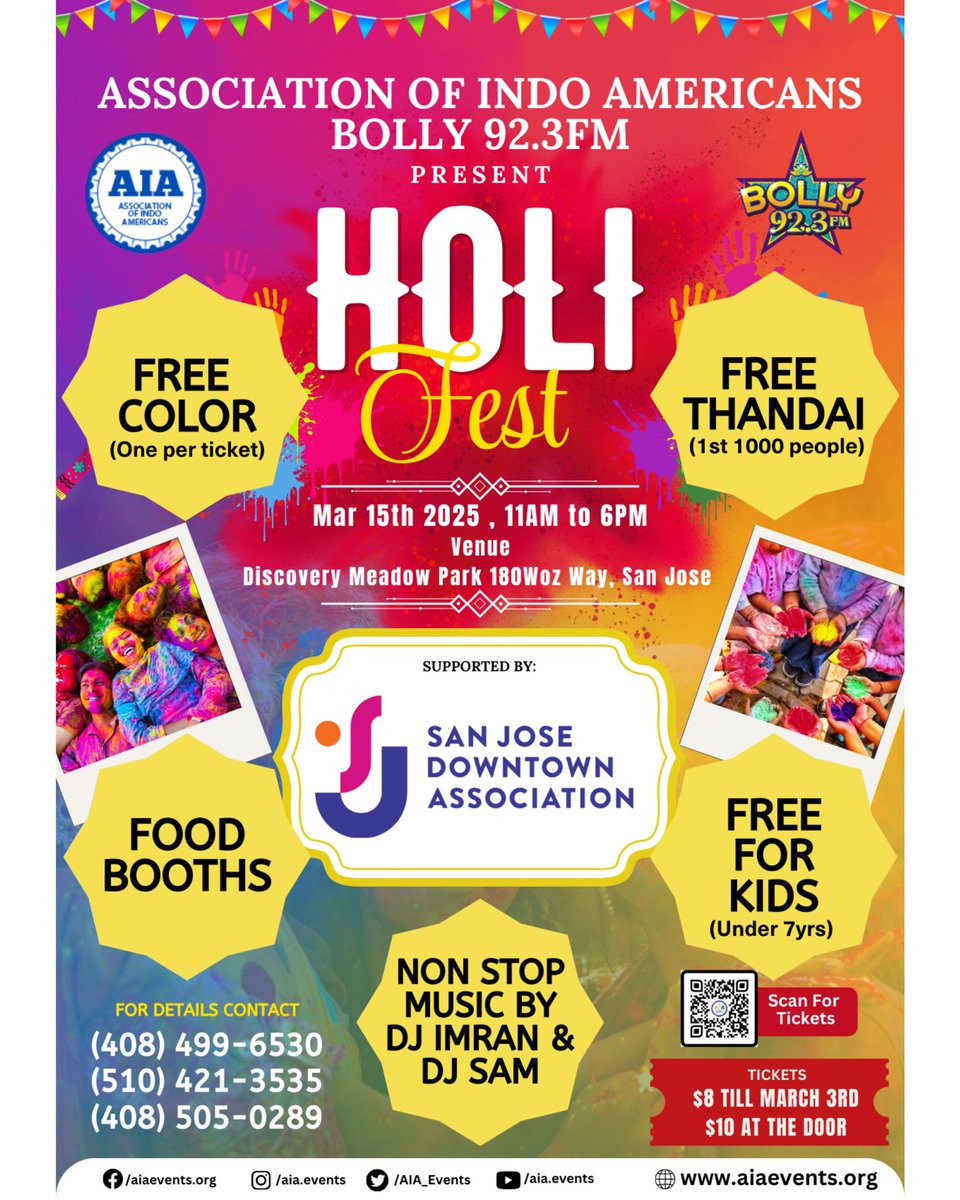 Come down to Discovery Meadow tomorrow, Saturday, March 15 for Holi Fest 🎊🎨 Happening from 11am-6pm!

Holi Fest is the largest Festival of Color in downtown San Jose with the best Bollywood Dance Music.

👉 Tickets &amp; more info: tinyurl.com/holifest2025